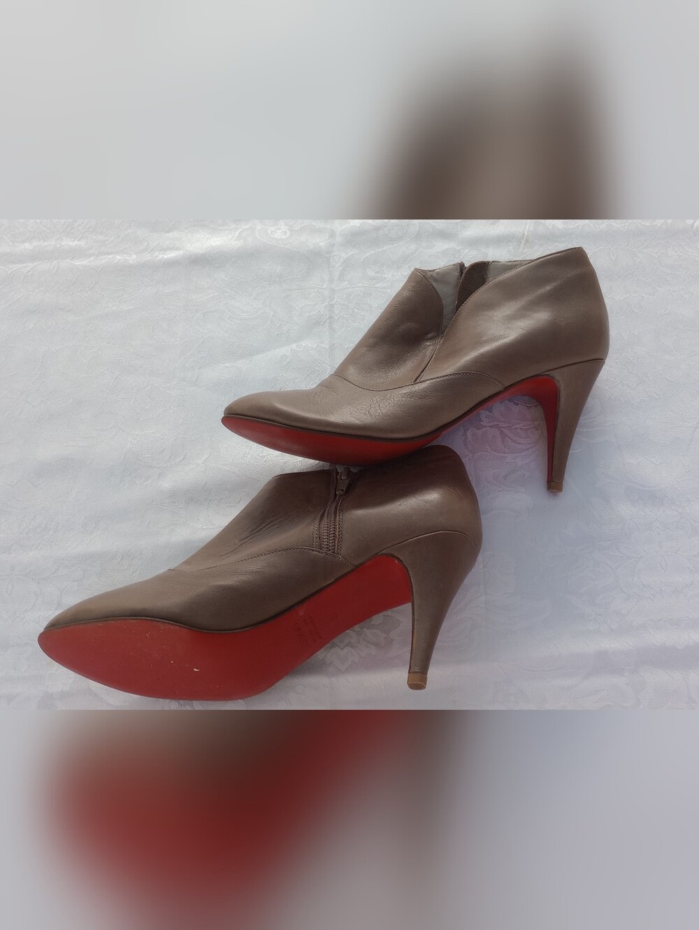 Paruolo- Made In Argentina- Taupe Leather Pointed Ankle Booties with Red Sole